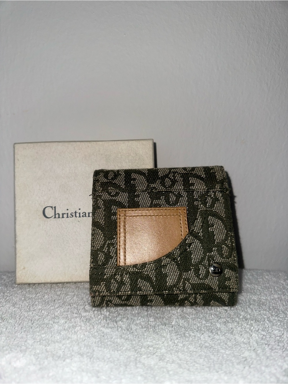 Dior Olive Monogram Canvas Card Holder with Tan Leather Patch
